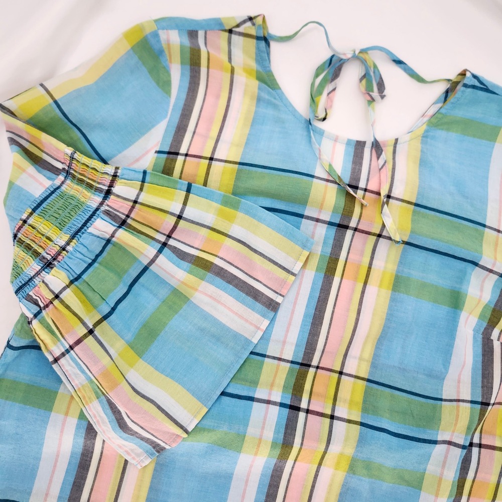 Pastel Plaid Smocked Bell Sleeve Top Womens Petite Medium Preppy‎ Spring Brunch